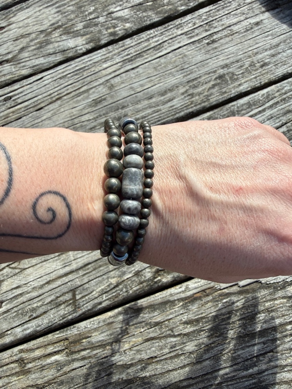 Multi-Strand pryrite and jasper Beaded Bracelet with Metallic Accents